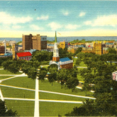 Postcard illustration of New Haven Green, with paths crossing the green.