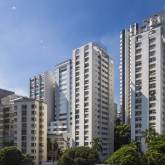 View of large high rise apartment towers.