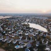 Aerial view of suburban neighborhood.