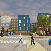 New mid-rise buildings among existing commercial and residential structures. 