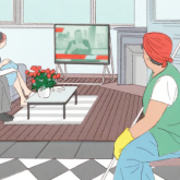Illustration of people watching TV as a housekeeper looks on.