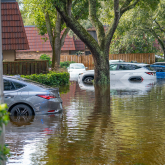 Cars in a flooded residential parking area.