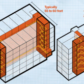 Diagrams showing a six-story apartment building with two staircases and a corridor and another with a single staircase.