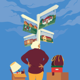 Illustration of an older adult trying to choose between various directions