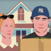 Illustration in the style of American Gothic depicting two millennials, one wearing a NY baseball cap.
