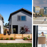 Collage of images showing single-family houses, a rendering of a neighborhood, and two people moving into an apartment.
