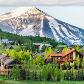 Homes in a wooded area with a snow covered mountain in the background.