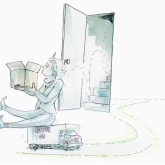 Illustration of an older adult woman atop a moving truck and holding a box.