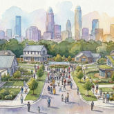 Rendering of a neighborhood with a city skyline in the background.