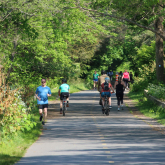 People running and biking on a rail trail.