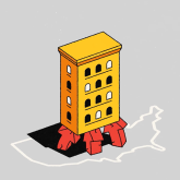 An illustration of an apartment building on top of red arrows
