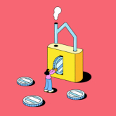 Illustration of person inserting coin into a house-shaped lock.