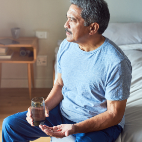 Older man sitting in bedroom with medication and glass of water.