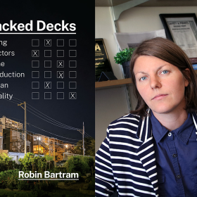 Author headshot of Robin Bartram and cover of her book "Stacked Decks."