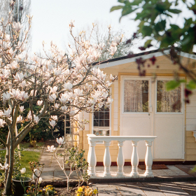 Small yellow house in back yard.