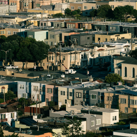 View of dense urban neighborhood.