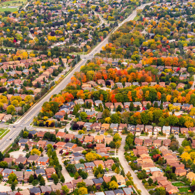 Aerial view of suburban single-family homes.