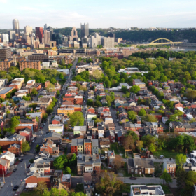 View of dense urban neighborhood from above.