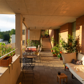 Exterior gallery of an apartment building.