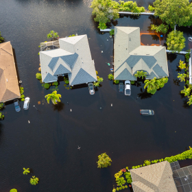 Aerial view of flooded homes.