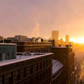 Sunset view over a city street.