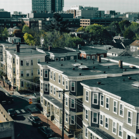 A neighborhood of triple decker homes in Cambridge, Massachusetts.