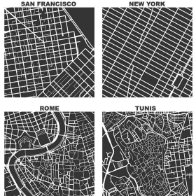 Graphic showing urban grid patterns of eight world cities.