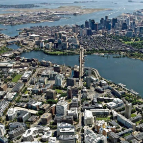 Aerial view over Cambridge looking toward Boston Harbor.