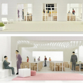 Models showing people interacting in a modern space.