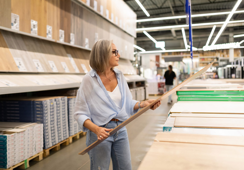 Woman browsing flooring at a home improvement store.