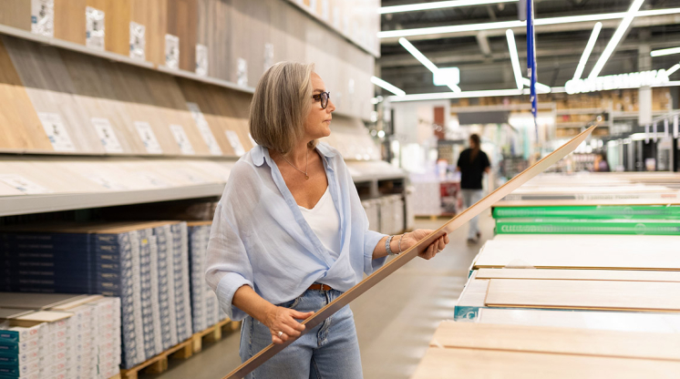 Woman browsing flooring at a home improvement store.