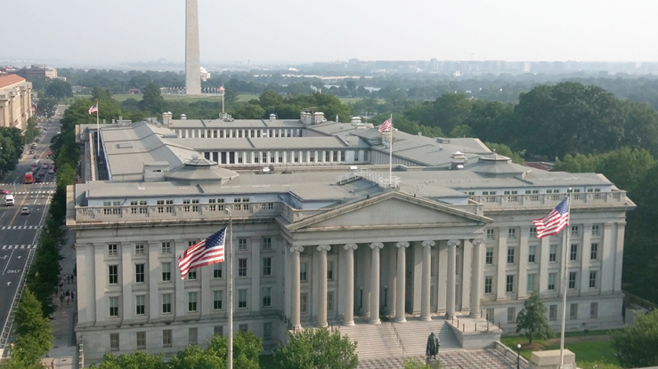 US Treasury building aerial view.