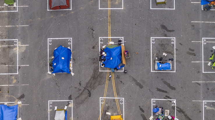 Aerial view of a city sanctioned camp for people experiencing homelessness in San Francisco blocks from City Hall.