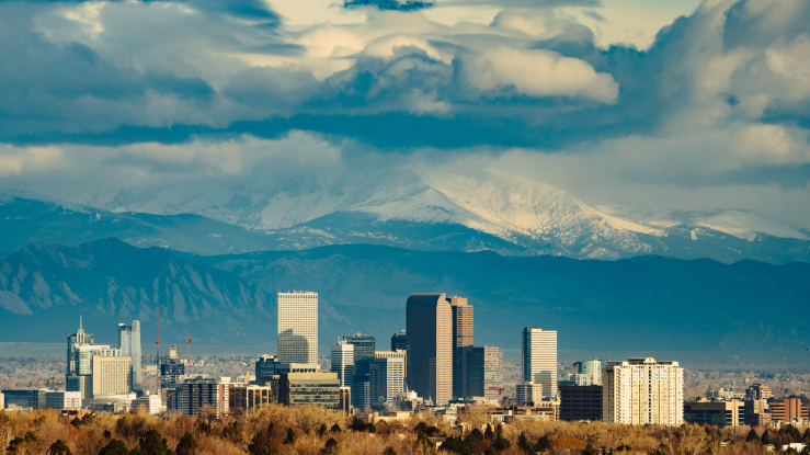 Denver skyline with Rockies in the background