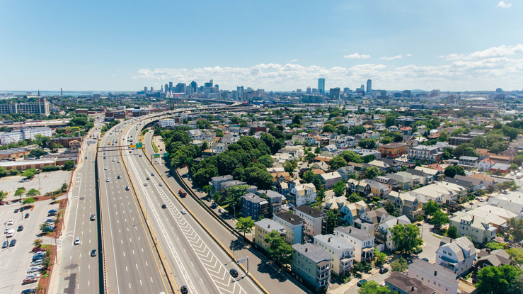 View of Boston neighborhoods with highway.