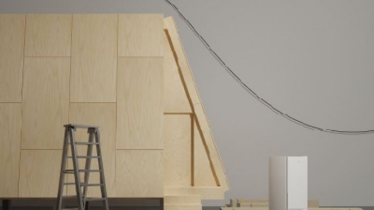 View of exhibition room with in-progress installation.