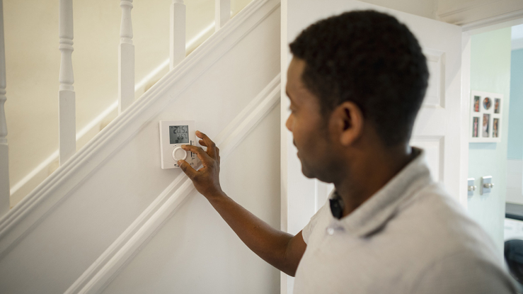 Person adjusting thermostat in home.