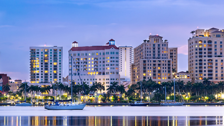 West Palm Beach skyline with apartment buildings.