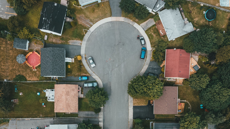 Aerial view of suburban dead end street.