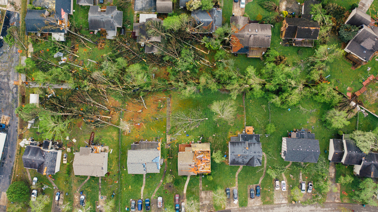 View of houses with storm damage and fallen trees.