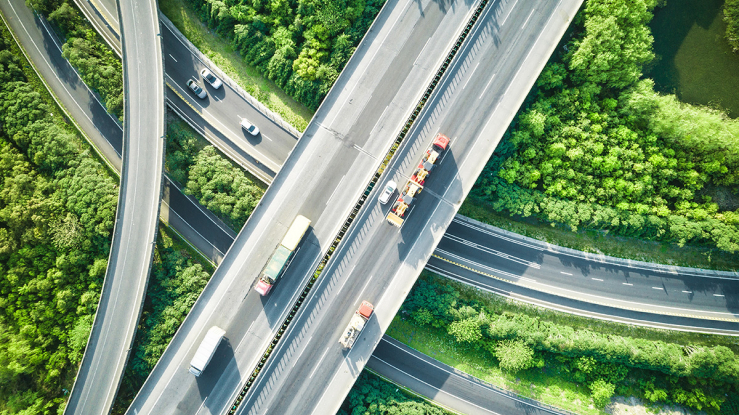 Aerial view of highway overpass.
