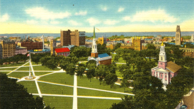 Postcard illustration of New Haven Green, with paths crossing the green.