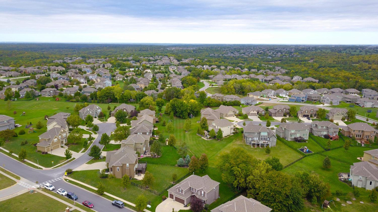 Aerial view of large suburban homes