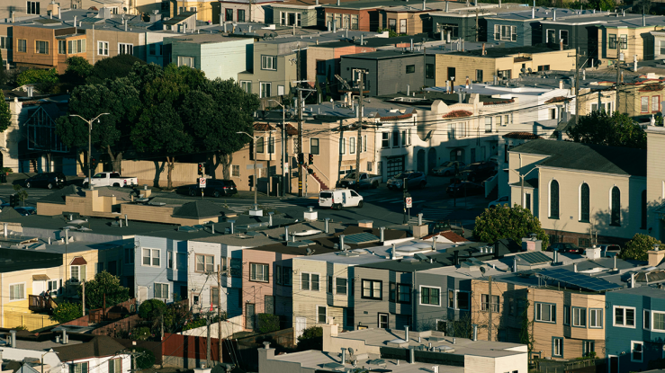 View of dense urban neighborhood.