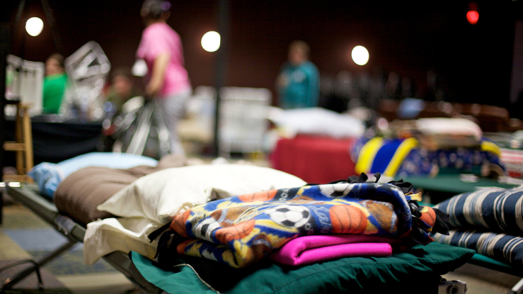View of beds at a group shelter.