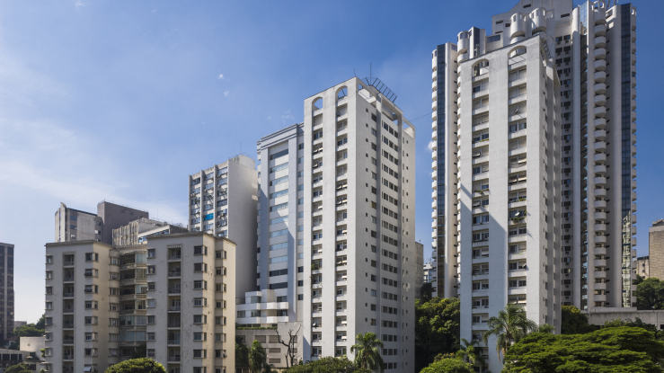View of large high rise apartment towers.