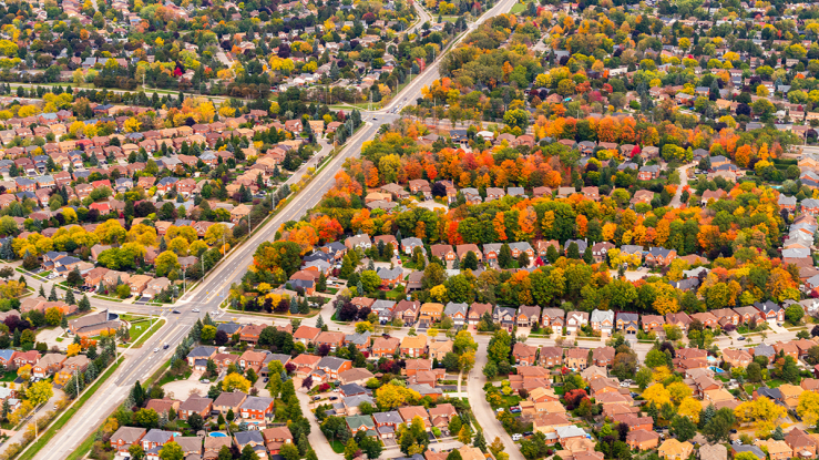 Aerial view of suburban single-family homes.