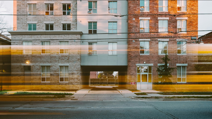 View of multifamily apartment building.