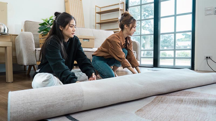 Two women rolling out a new carpet