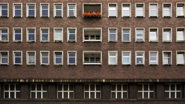 Brick apartment building.